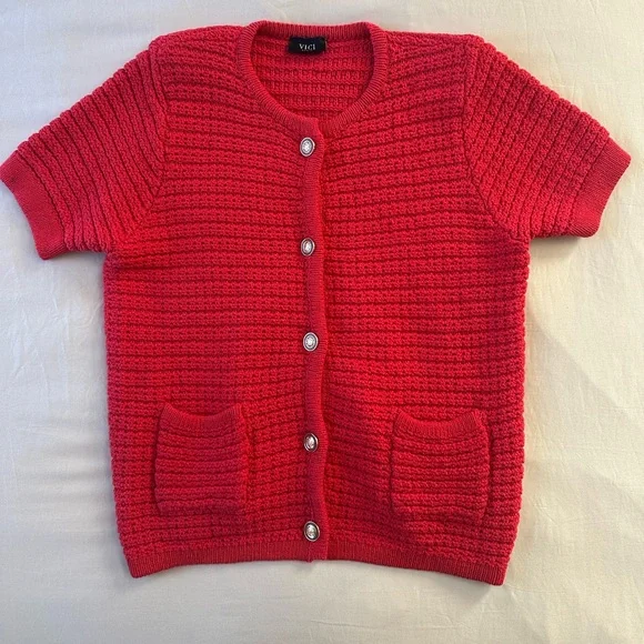 VICI Red Short Sleeve Estelle Crochet Cardigan, Size L - Picture 3 of 10